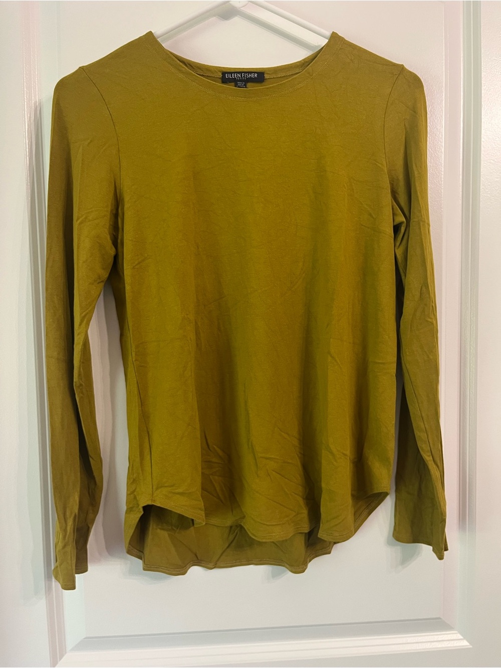 Eileen Fisher Mustard Green Long Sleeve Round Neckline Top Size Small Petite